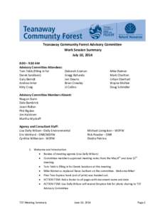 Teanaway Community Forest Advisory Committee Work Session Summary July 10, 2014 8:00 – 9:30 AM Advisory Committee Attendees: Tom Tebb (filling in for