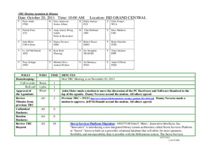 TRC Meeting Agendum & Minutes  Date: October 20, 2011 Time: 10:00 AM Location: ISD GRAND CENTRAL