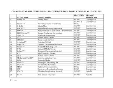 CHANNELS AVAILABLE ON THE DIGITAL PLATFORM (FOR BOTH SIGNET & PANG) AS AT 1ST APRIL 2015 PLATFORM 1	
    TV Call Name