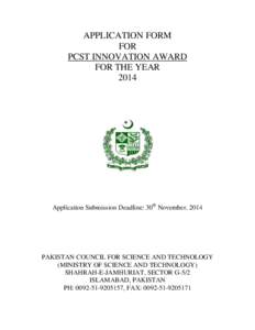 APPLICATION FORM FOR PCST INNOVATION AWARD FOR THE YEAR 2014