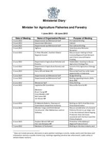 Ministerial Diary 1 Minister for Agriculture Fisheries and Forestry 1 June 2013 – 30 June 2013 Date of Meeting  Name of Organisation/Person