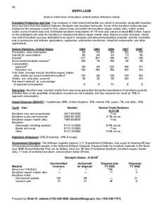 30  BERYLLIUM (Data in metric tons of beryllium content unless otherwise noted) Domestic Production and Use: One company in Utah mined bertrandite ore, which it converted, along with imported beryl and beryl from the Nat