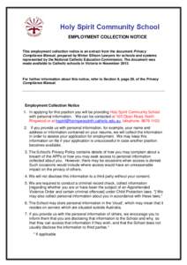 Holy Spirit Community School EMPLOYMENT COLLECTION NOTICE This employment collection notice is an extract from the document Privacy