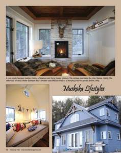 A cozy study features leather chairs, a fireplace and furry throws (above). The cottage overlooks the lake (below, right). The children’s nautical theme bedroom has a window seat that doubles as a sleeping area for gue