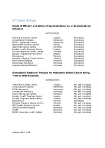 1st-Line Trials Study of Efficacy and Safety of Sunitinib Given on an Individualized Schedule NCT01499121 Tom Baker Cancer Centre Cross Cancer Institute