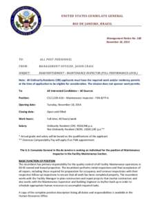 UNITED STATES CONSULATE GENERAL RIO DE JANEIRO, BRAZIL Management Notice No. 108 November 18, 2014