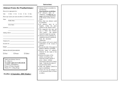 Instructions:  Abstract Form (for Paediatricians) Please tick in appropriate box Title: