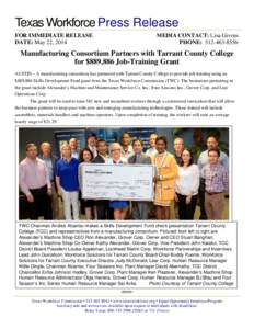 Manufacturing Consortium Partners with Tarrant County College for $889,886 Job-Training Grant