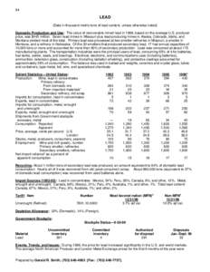 94  LEAD (Data in thousand metric tons of lead content, unless otherwise noted) Domestic Production and Use: The value of recoverable mined lead in 1996, based on the average U.S. producer price, was $445 million. Seven 