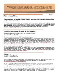 Mars Science News  July 2014 Last reminder to register for the Eighth International Conference on Mars July[removed]at Caltech, Pasadena, CA