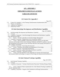DoD Training Transformation Implementation Plan FY2006-FY2011—Appendix 1  AP1. APPENDIX 1 IMPLEMENTATION PLAN ACTIONS TABLE OF CONTENTS
