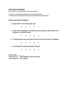 JOB SEARCH READINESS On a scale of 1 to 5, circle where you are for each statement. “1” means you need more information and are not ready at this time “5” means you are ready and don’t need to seek more informa