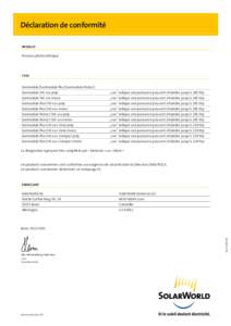 Déclaration de conformité Produit Panneau photovoltaïque Type Sunmodule/Sunmodule Plus/Sunmodule Protect: