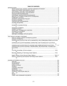 TABLE OF CONTENTS INTRODUCTION......................................................................................................................................... -2NORTH SCHUYLKILL SCHOOL DISTRICT MISSION STATEMENT .......................................... -2VISION STATEMENT AND SHARED VALUES ............................................................................ -2THE SCHOOL YEAR AND YOUR SCHEDULE ............................................................................ -3NOTES ON SCHEDULING YOUR COURSES ............................................................................. -3GRADUATION REQUIREMENTS ................................................................................................. -3ADDITIONAL GRADUATION REQUIREMENTS .......................................................................... -4MASTERY OF PENNSYLVANIA STATE STANDARDS ............................................................... -4COMMUNITY SERVICE ................................................................................................................ -4STUDENT GRADUATION PROJECT ........................................................................................... -4STUDENT GRADING .................................................................................................................... -5GRADUATION REQUIREMENTS ................................................................................................ -5COURSE WEIGHTING................................................................................................................ 5STUDENT=S CLASS STATUS ..................................................................................................... 5SCHEDULE CHANGES ................................................................................................................. -6SUMMER SCHOOL ....................................................................................................................... -6SCHUYLKILL TECHNOLOGY CENTERS..................................................................................... -6ADVANCED PLACEMENT ............................................................................................................ -6DUAL ENROLLMENT .................................................................................................................... -6DISTANCE LEARNING OPPORTUNITIES ................................................................................... -7THE CAREER PATHWAY PROGRAM ...................................................................................................... -7HOW TO CHOSE CAREER PATHWAY/CLUSTER ...................................................................... -8CAREER PATHWAYS ................................................................................................................... -9CURRICULUM CLUSTER FINE ARTS, HUMANITIES, AND COMMUNICATIONS ELECTIVES 10