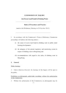 COMMISSION OF INQUIRY into Excess Lead Found in Drinking Water Rules of Procedure and Practice (made at the Preliminary Hearing on 20 October 2015)