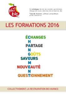 Un catalogue destiné aux cuisiniers, gestionnaires, chargés de mission, directeurs de restauration, élus Type de structure : publique, parapublique, privée, associative  LES FORMATIONS 2016