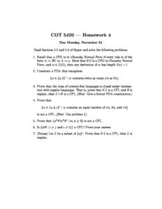 COT 5420 | Homework 4 Due Monday, November 22 Read Se
tions 2.2 and 2.3 of Sipser and solve the following problems:  1. Re
all that a CFG is in