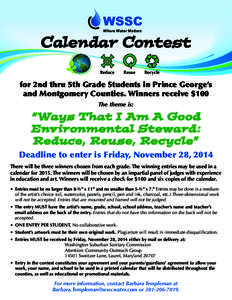 Where Water Matters  Calendar Contest Reduce[removed]Reuse[removed]Recycle  for 2nd thru 5th Grade Students in Prince George’s