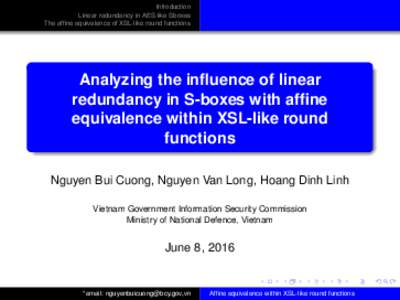 Introduction Linear redundancy in AES-like Sboxes The affine equivalence of XSL-like round functions Analyzing the influence of linear redundancy in S-boxes with affine