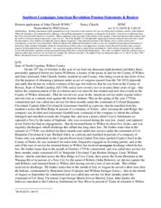 Southern Campaigns American Revolution Pension Statements & Rosters Pension application of John Church W3943 1 Transcribed by Will Graves Nancy Church