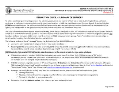 Washington State Archives Office of the Secretary of State LGGRRS Demolition Guide (November[removed]DEMOLITION of Local Government General Records Retention Schedule (Version 5.2) Updated[removed]