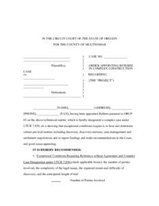 IN THE CIRCUIT COURT OF THE STATE OF OREGON FOR THE COUNTY OF MULTNOMAH ______________________________ ______________________________ Plaintiff(s),