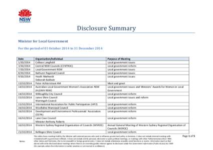 Disclosure Summary Minister for Local Government For the period of 01 October 2014 to 31 December 2014 Date[removed]2014