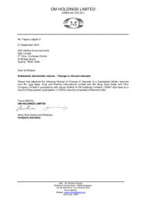 OM HOLDINGS LIMITED (ARBN[removed]No. Pages Lodged: 6 27 September 2012 ASX Market Announcements