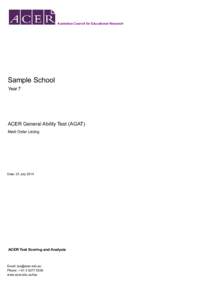 Australian Council for Educational Research  Sample School Year 7  ACER General Ability Test (AGAT)