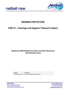 MEMBER PROTECTION PART D – Hearings and Appeals Tribunal Conduct Adopted by NSW Netball Association Ltd Board Meeting on 12th November 2013