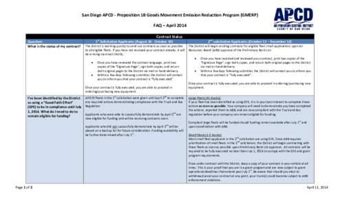 San Diego APCD - Proposition 1B Goods Movement Emission Reduction Program (GMERP) FAQ – April 2014 Contract Status Question: What is the status of my contract?