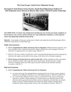 The Great Escape! Activity Four: Submarine Escape Developed by Paul Mezick, ScienceTeacher, Daniel Hand High School, Madison CT 2014 Submarine Force Museum & Historic Ship Nautilus STEM-H Teacher Fellowship TEACHER NOTE: