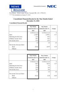 Press Release - Media Contact: Kosuke Yamauchi TEL: +[removed] ***** For immediate use January 27, 2011 Consolidated Financial Results for the Nine Months Ended December 31, 2010 Consolidated Financial Results