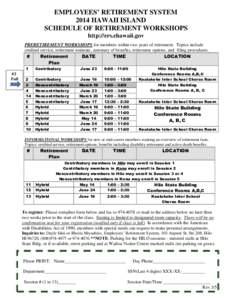 EMPLOYEES’ RETIREMENT SYSTEM 2014 HAWAII ISLAND SCHEDULE OF RETIREMENT WORKSHOPS http://ers.ehawaii.gov PRERETIREMENT WORKSHOPS for members within two years of retirement. Topics include credited service, retirement es