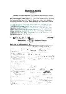McIntosh, Harold ASC Bean Cemetery or memorial details: Egypt 2 Kantara War Memorial Cemetery War Grave Register notes: McIntosh, Lt. Col. Harold.12th Australian Light Horse. Died of wounds. 24th April, 1917. Age 48. Son