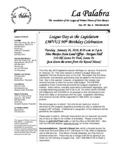La Palabra The newsletter of the League of Women Voters of New Mexico VOL. 57 No. 3 Winter 2010 League Contacts LWVNM