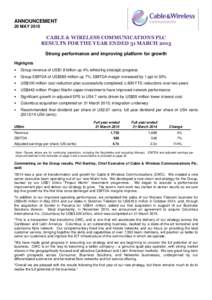 ANNOUNCEMENT 20 MAY 2015 CABLE & WIRELESS COMMUNICATIONS PLC RESULTS FOR THE YEAR ENDED 31 MARCH 2015 Strong performance and improving platform for growth