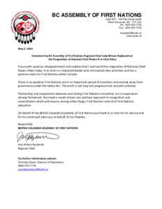BC ASSEMBLY OF FIRST NATIONS Suite 507 – 100 Park Royal South West Vancouver, BC V7T 1A2 Tel: ([removed]Fax: ([removed]removed]