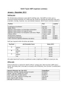 Keith Taylor MEP expenses summary January – December 2013 Staffing costs The Parliamentary allowance covers Keith’s staffing costs. Each MEP can claim up to a maximum monthly allowance of 21,209 euros per month for s