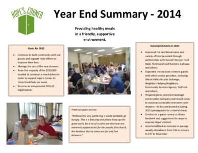 Year End SummaryProviding healthy meals in a friendly, supportive environment. Accomplishments in 2014