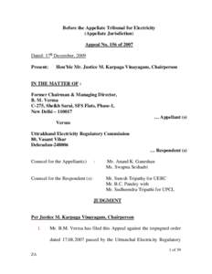 Before the Appellate Tribunal for Electricity (Appellate Jurisdiction) Appeal No. 156 of 2007 Dated: 17th December, 2009 Present: