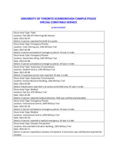    UNIVERSITY OF TORONTO SCARBOROUGH CAMPUS POLICE  SPECIAL CONSTABLE SERVICE     ACTIVITY REPORT 