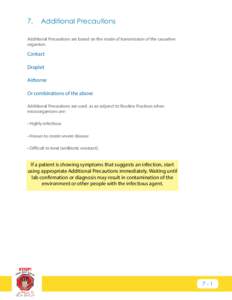 7.	 Additional Precautions Additional Precautions are based on the mode of transmission of the causative organism. Contact Droplet