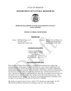 STATE OF MISSOURI  DEPARTMENT OF NATURAL RESOURCES MISSOURI HAZARDOUS WASTE MANAGEMENT FACILITY PART I PERMIT