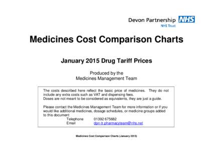Medicines Cost Comparison Charts January 2015 Drug Tariff Prices Produced by the Medicines Management Team The costs described here reflect the basic price of medicines. They do not include any extra costs such as VAT an