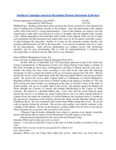 Southern Campaign American Revolution Pension Statements & Rosters Pension application of Thomas Craig S30971 fn13NC Transcribed by Will Graves[removed]Methodology: Spelling, punctuation and/or grammar have been correc