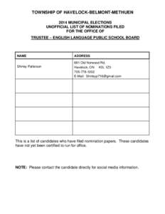 TOWNSHIP OF HAVELOCK-BELMONT-METHUEN 2014 MUNICIPAL ELECTIONS UNOFFICIAL LIST OF NOMINATIONS FILED FOR THE OFFICE OF TRUSTEE – ENGLISH LANGUAGE PUBLIC SCHOOL BOARD