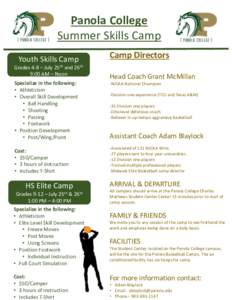 Panola College Summer Skills Camp Youth Skills Camp Grades 4-8 – July 25th and 26th 9:00 AM – Noon