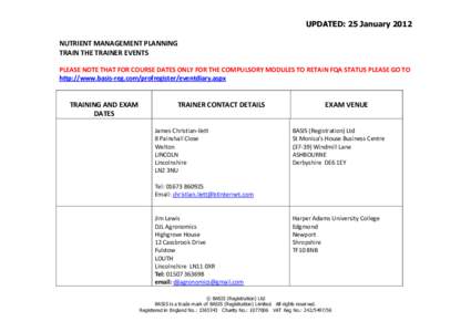 UPDATED: 25 January 2012 NUTRIENT MANAGEMENT PLANNING TRAIN THE TRAINER EVENTS PLEASE NOTE THAT FOR COURSE DATES ONLY FOR THE COMPULSORY MODULES TO RETAIN FQA STATUS PLEASE GO TO http://www.basis-reg.com/profregister/eve