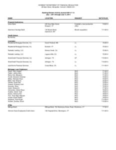 VERMONT DEPARTMENT OF FINANCIAL REGULATION 89 Main Street, Montpelier, Vermont[removed]Banking Division Activity Journal #[removed]July 1, 2014 through July 15, 2014 NAME